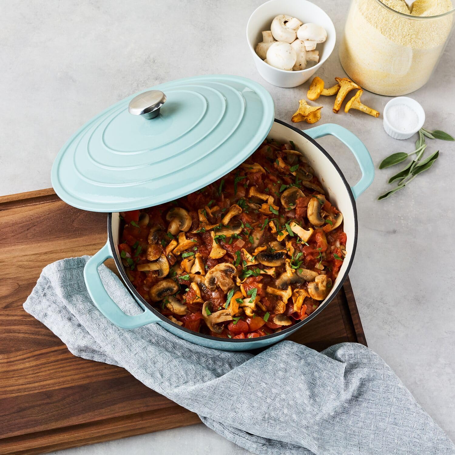 Sur La Table 7-Qt Enameled Cast Iron Dutch Oven – With Lid for Braising, Baking & Deep Frying, Induction Compatible, Oven to 500°F, Seals in Moisture for Flavorful Results, Light Teal