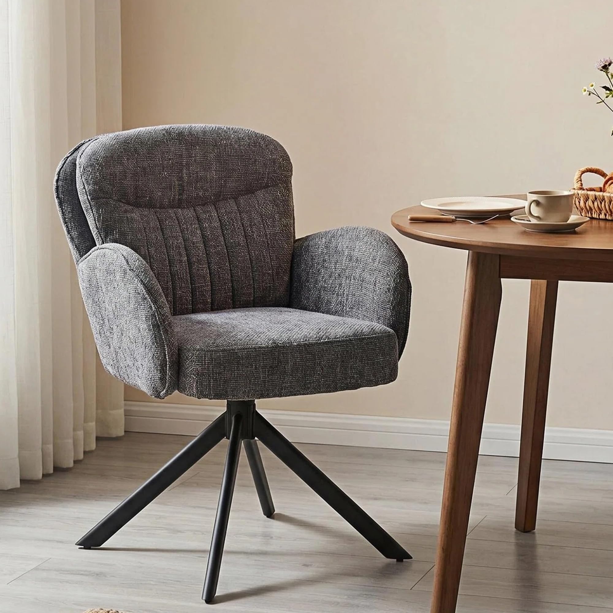 FurniSoar Esszimmerstuhl mit Armlehne 360° drehbar, Beiger Chenille-Stuhl mit doppelter Polsterung & ergonomischer Rückenlehne, Polsterstuhl für Küche, Wohnzimmer, Arbeitszimmer, bis 160 kg belastbar