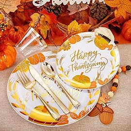 KIRE 150PCS Thanksgiving Plates Dinnerware Pumpkins - Plastic Thanksgiving Plates with Gold Silverware Include 25 for Dinner 25 for Salad 25Forks 25Knives 25Spoons 25Gold Cups