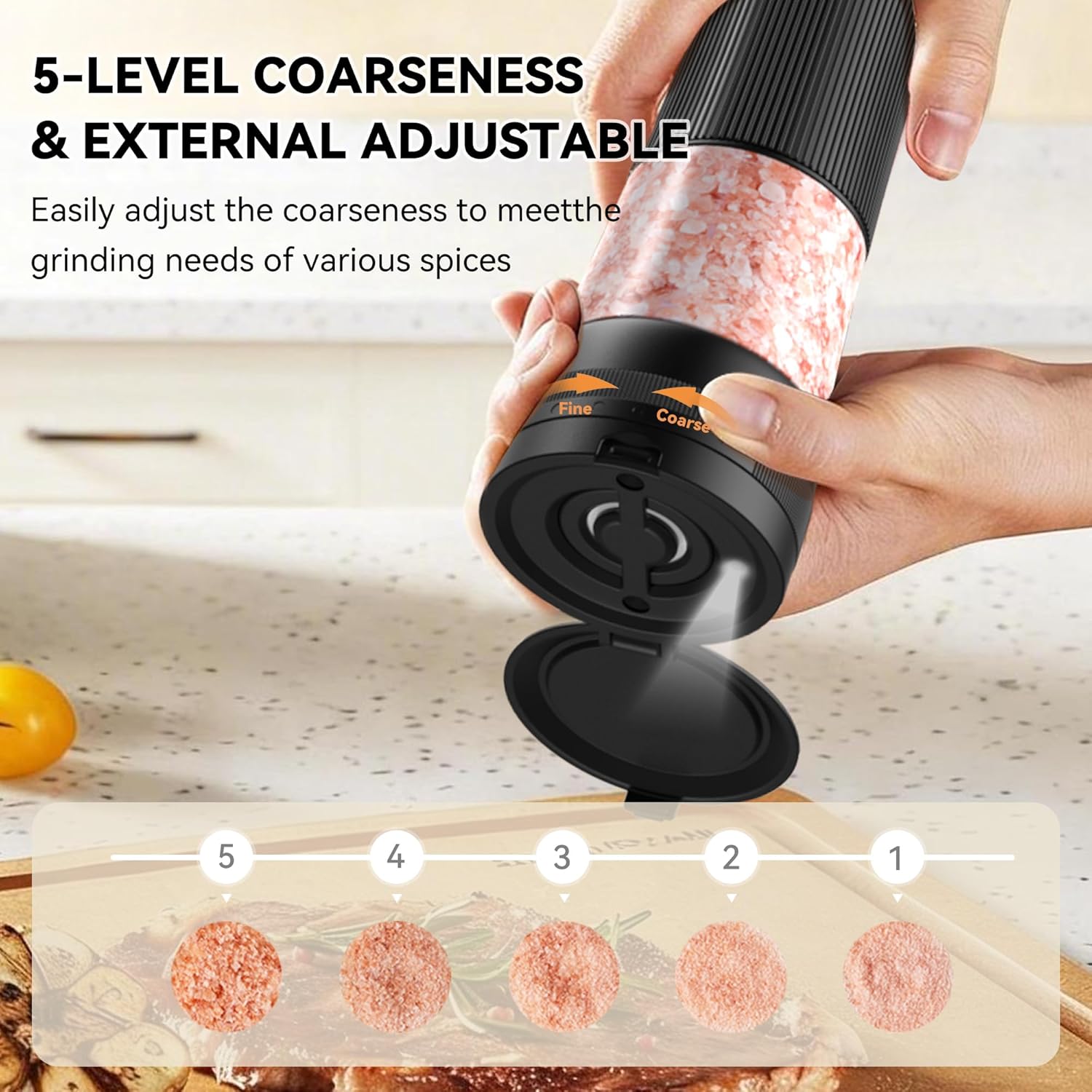 Electric Salt and Pepper Grinder Set, Upgrade 2-Speed Setting, External 5 Adjustable Coarseness, Rechargeable Automatic Salt & Pepper Shakers Mill with Battery Display, Storage Base & Led Light, Black