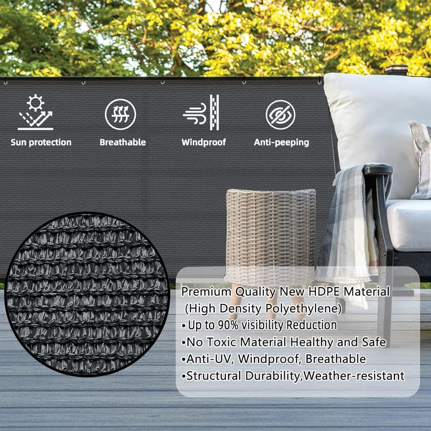 SUNLAX 3'x16' Dark Grey Balcony Privacy Screen Fence Windscreen Cover Fabric Shade Netting Mesh Cloth with Grommets UV Protection for Patio, Backyard, Porch, Railing Shield 90% (We Make Custom Sizes)