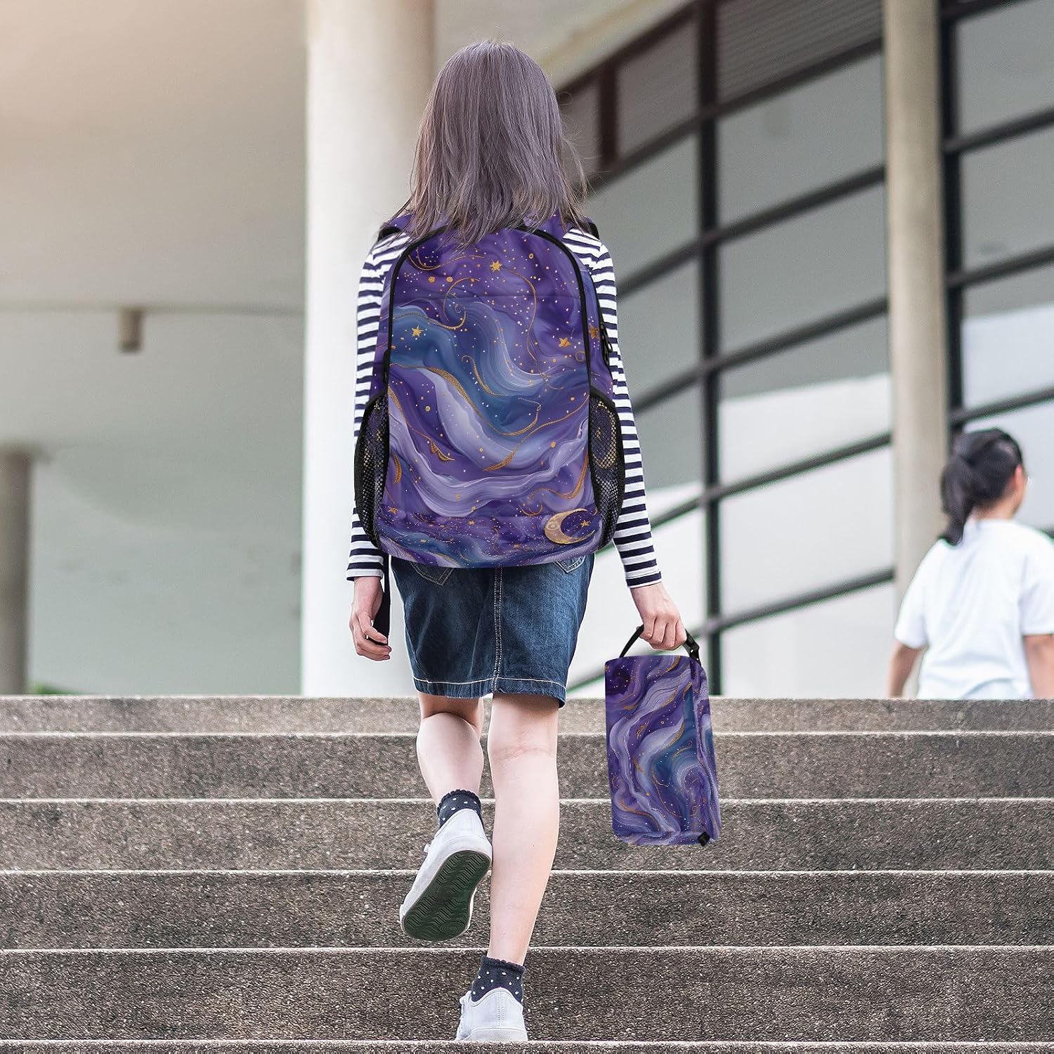 ALAZA Moon Stars Purple Galaxy Backpack and Lunch Bag Set School Bag Bookbag Casual Daypacks for Kids Girls Boys Teens