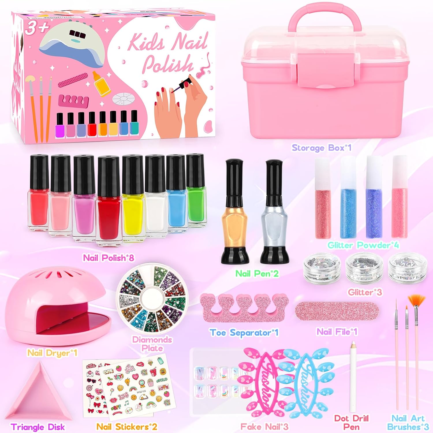 Kids Nail Polish Set for Girls, Nail Art Kit with Nail Dryer & Storage Case, Non-Toxic Peel-Off Quick Dry Nail Polish for Kids, Birthday Christmas Gift for Kids Ages 6-12 - Image 7