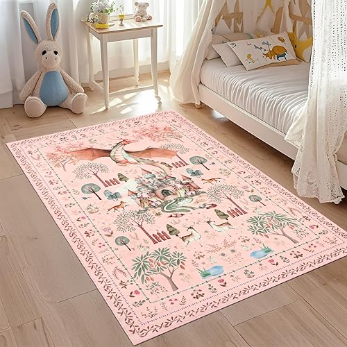 TUKDAK Drachen Teppich Wohnzimmer rutschfest 120x180cm,Rosa Waschbar Teppich Sch