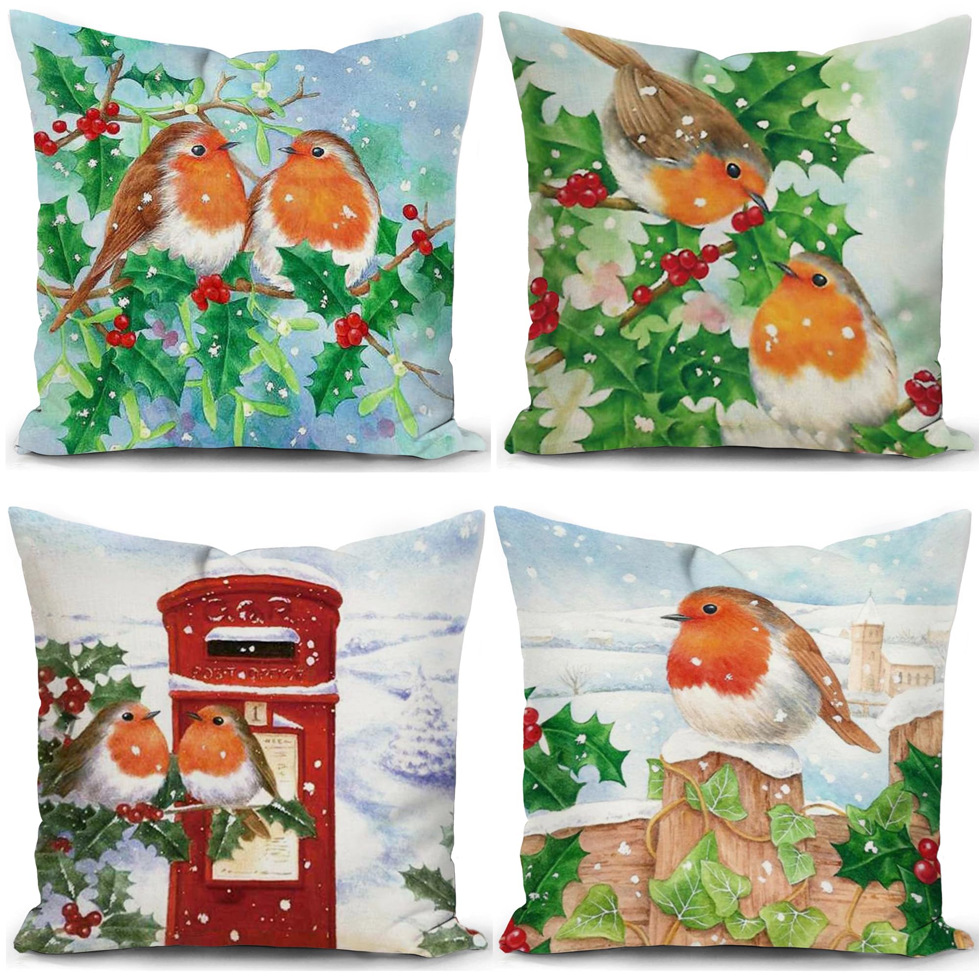 Kunqian J1 Christmas Cushion Covers Xmas Cushions Winter Robin Birds Pillow Cover 18X18 Inch Set Of 4 Throw Pillow Case Christmas Decorative For Sofa Living Room Home Linen Square 45X45cm