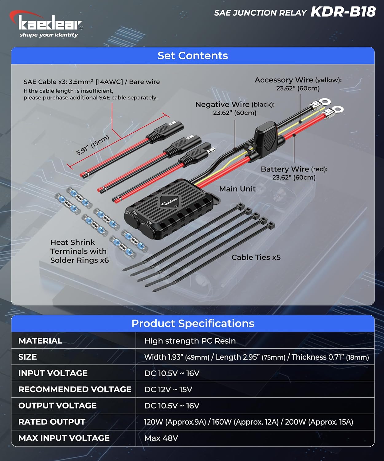 Kaedear Waterproof SAE Motorcycle Power Relay, 3-Way, KDR-B18