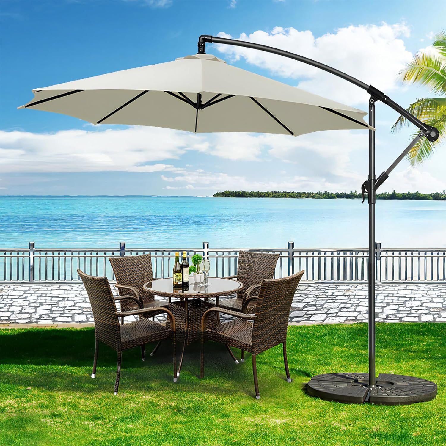 10ft Offset Hanging Market Patio Umbrella w/Cross Base, Outdoor Large Round Aluminum Cantilever Umbrella w/Easy Tilt Adjustment, Fade Resistant Waterproof 8 Ribs Canopy, for Yard, Garden & Dec - Image 2