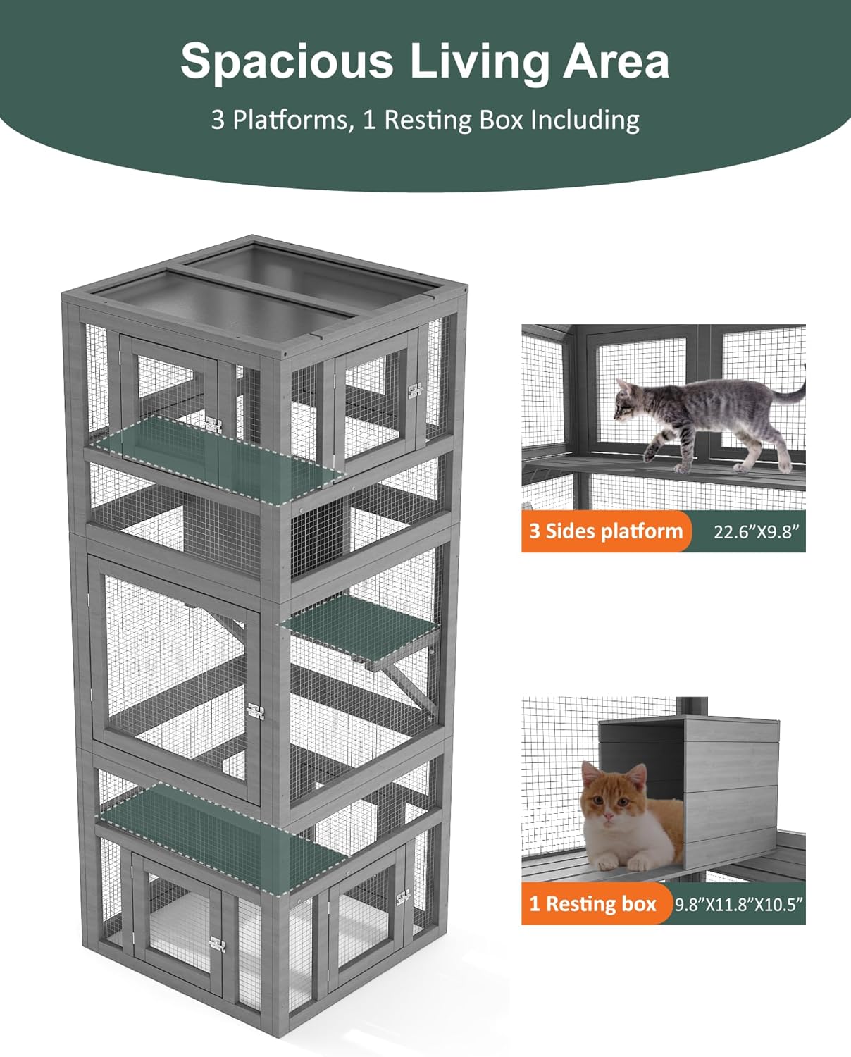 Catio Outdoor Cat Enclosure, 3-Tier Cat Catio with Platform, Cat House and 8 Removable Door can Connect with Cat Tunnel, DIY Wooden Cat Cage with Waterproof Cover for Multiple Cats