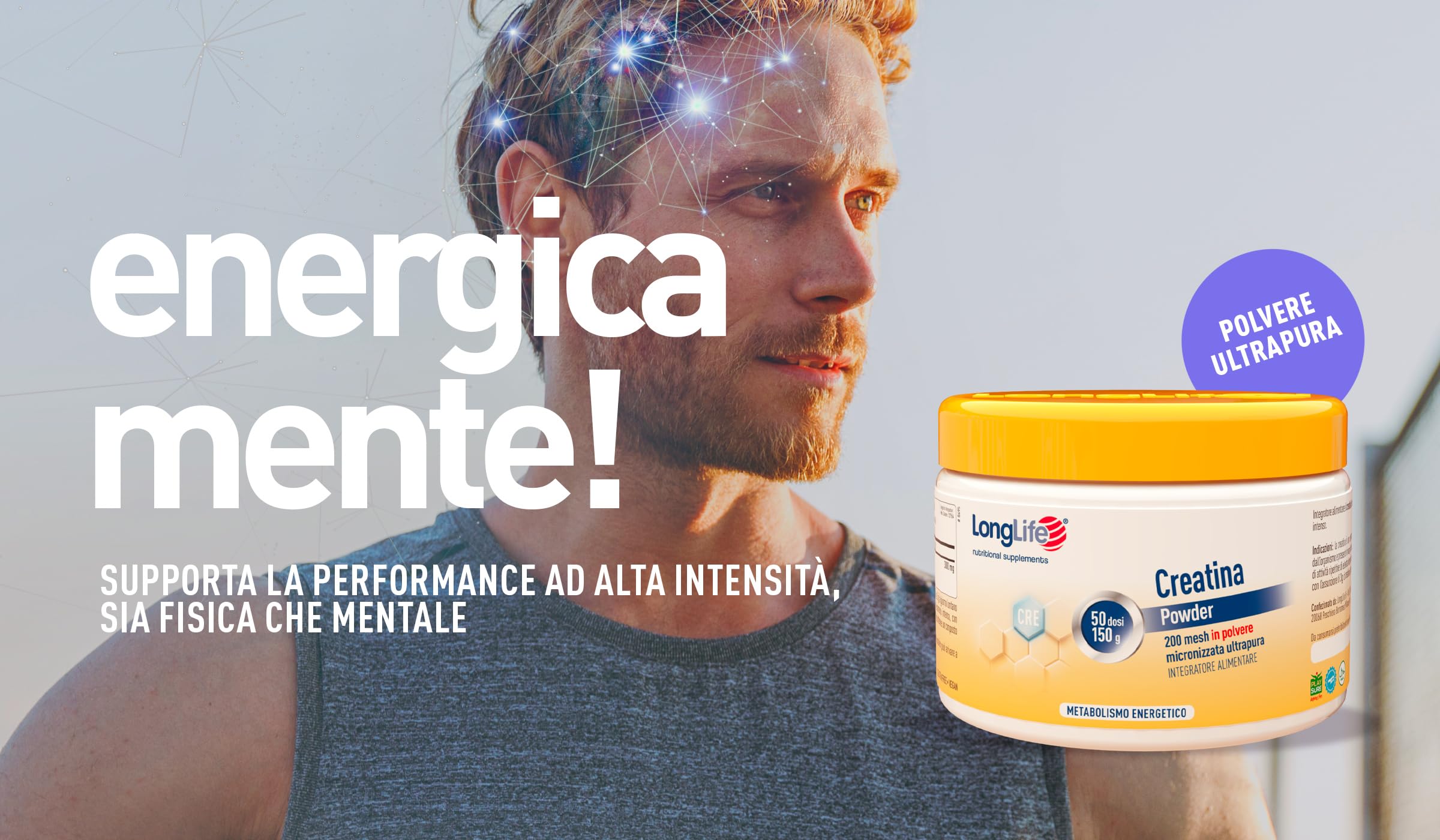 LongLife® Creatina Powder | Creatina monoidrato micronizzata ultrapura | Energia e forza muscolare | Performance fisica e sportiva | 50 dosi | Vegano e senza glutine