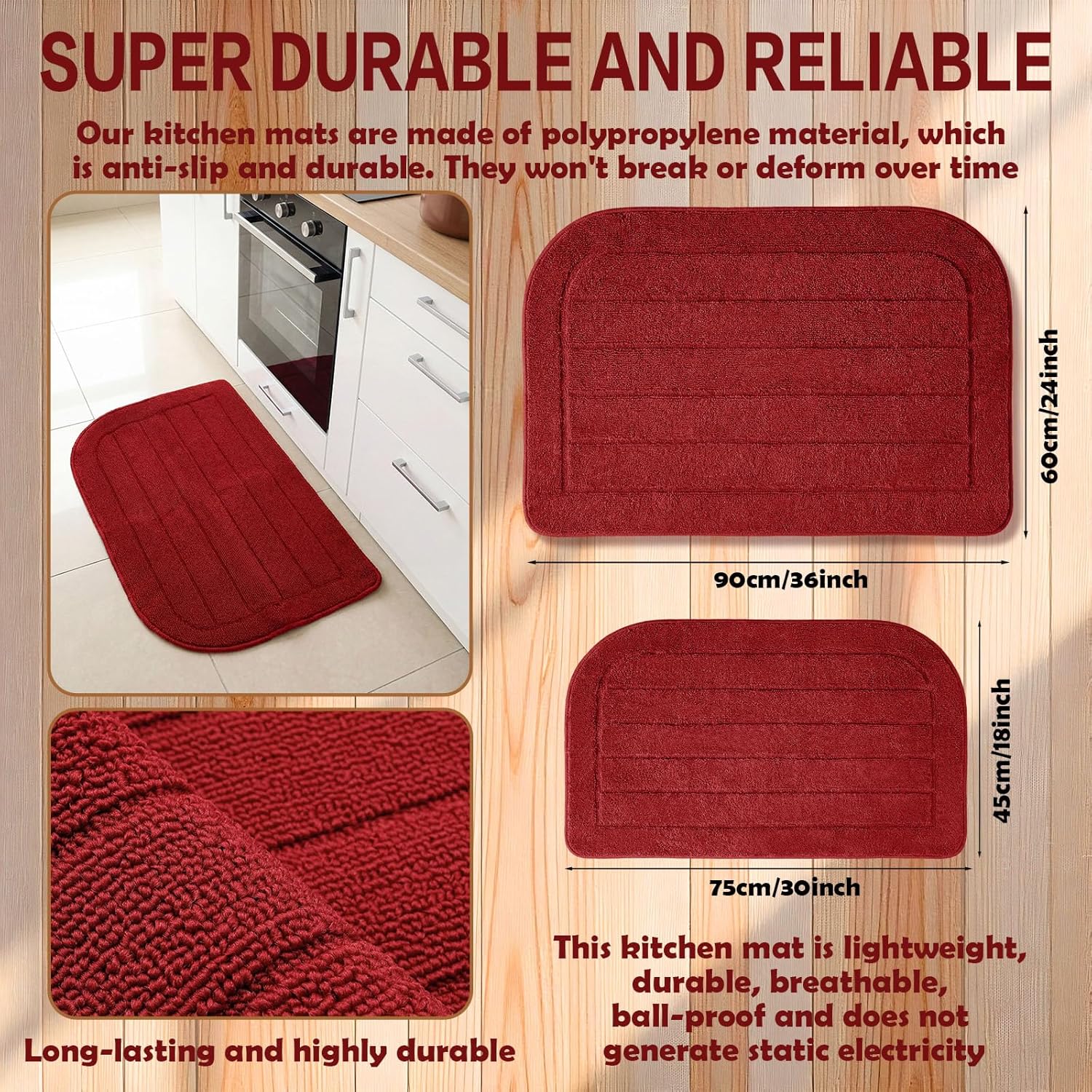 Tinideya 2 Pcs Red Anti Fatigue Kitchen Rug Mats 36'' x 24'' and 18'' x 30'' Half Round Rug Cushion Anti Slip, Water Absorption and Machine Washable for Outdoor, Foyer, Terrace, Bedroom