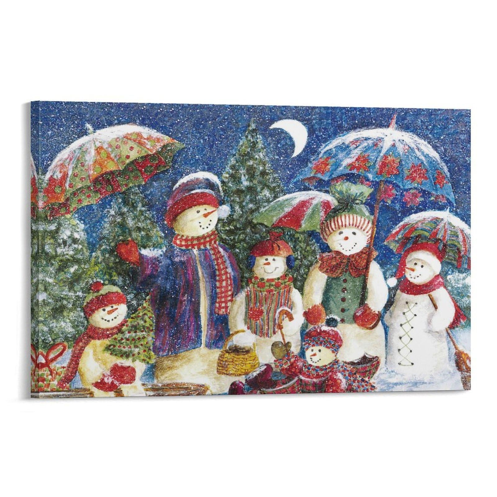 CPLVKWRQJ Snowman Family Under Umbrellas 1 Piece Group Snowmen Umbrellas Snowy Moon Scene Canvas Wall Hanging - Living Room Gallery Wall Focal Point Fade Resistant Decor 12x18inch(30x45cm)