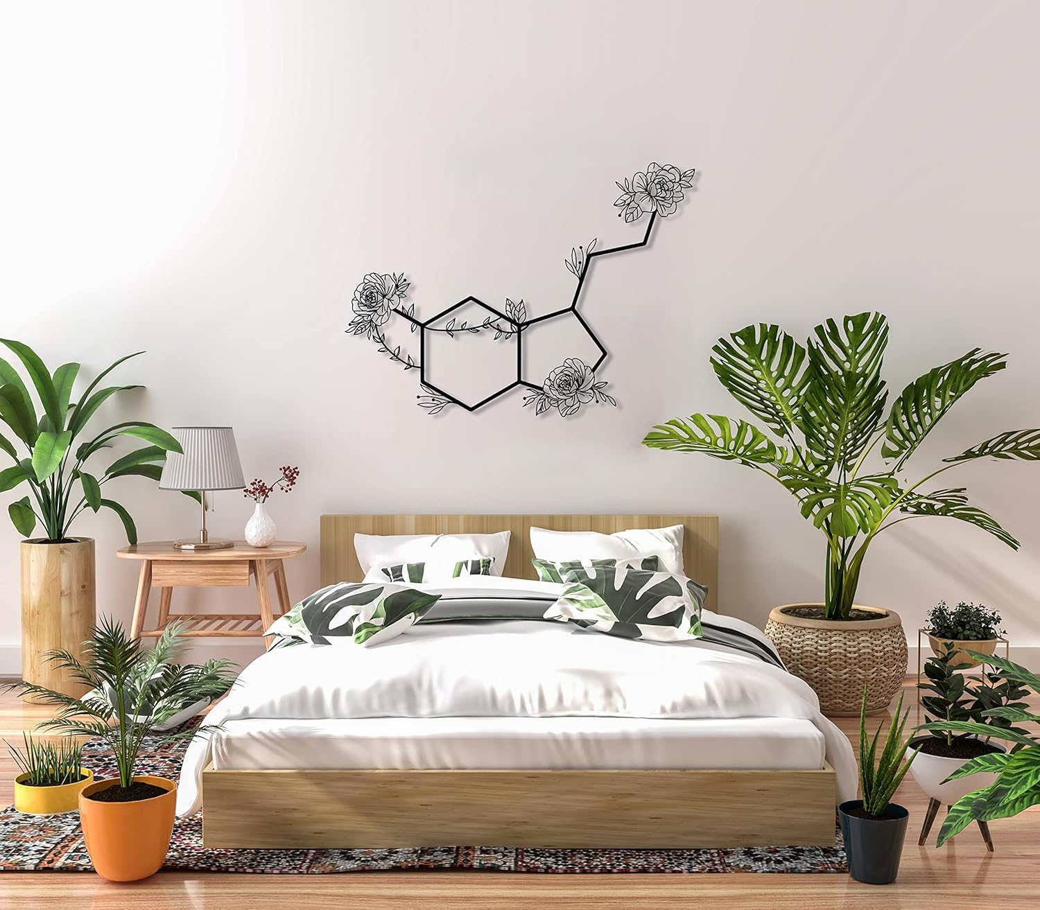Serotonin Metal Wall Art – Flowered Serotonin Molecule Symbol of Happiness Wall Decor, Unique Black Metal Home Decor for Living Room, Bedroom, Kitchen, Boho Housewarming Gift (Black, 27.5 "x 20" / 70 x 51 cm)