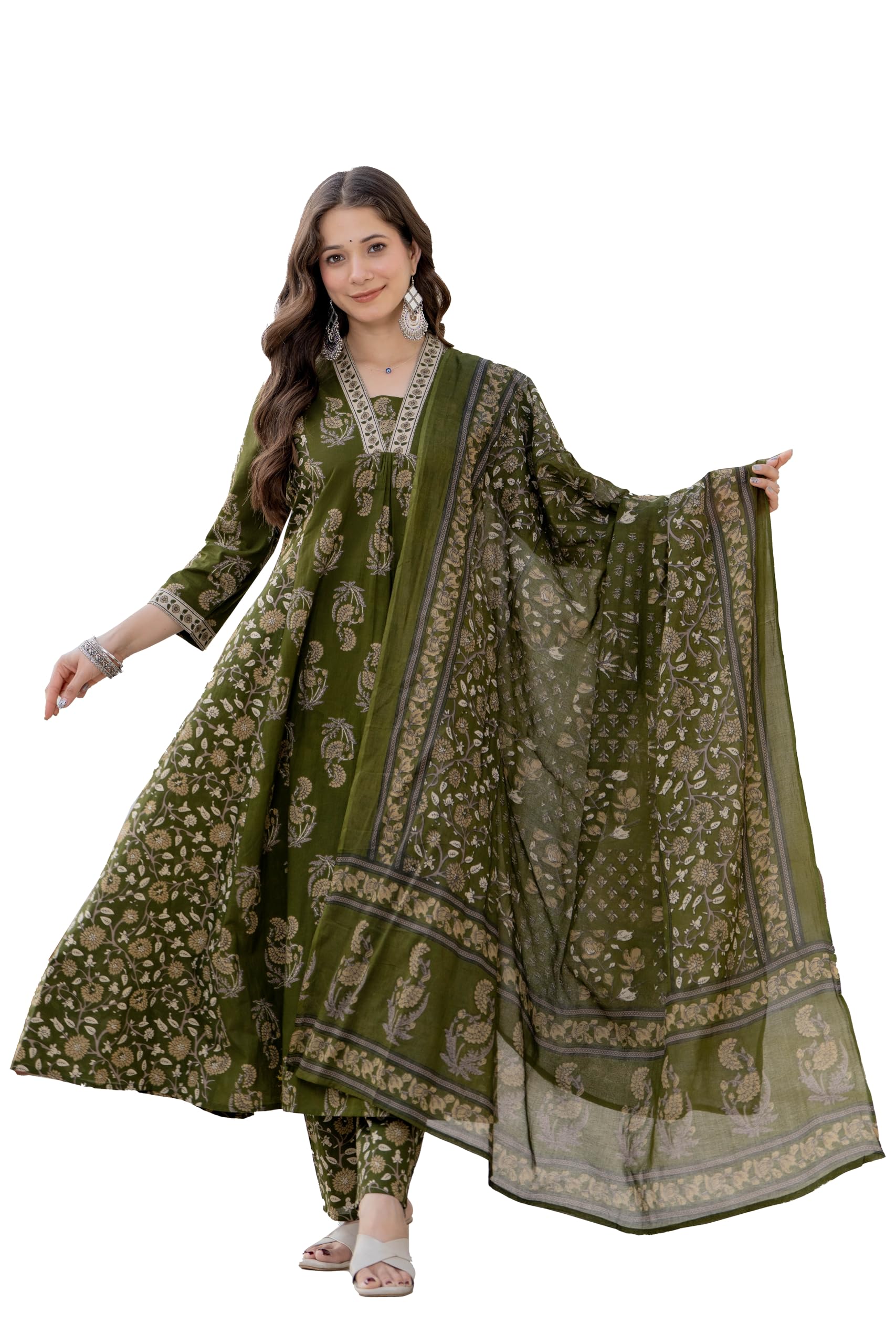 parthvi Women’s Cotton Printed Flared Kurta Set with Pants & Dupatta | Elegant Ethnic Wear for Women | Floral Print | Comfortable Suit Set-picture-27
