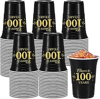 50 Pack 100th Birthday Decorations Birthday Cups 16 oz Disposable Plastic Gold and Black Cheers to 100 Years Cups for Men Women Hot Cold Drinks for Wedding Anniversary Supplies