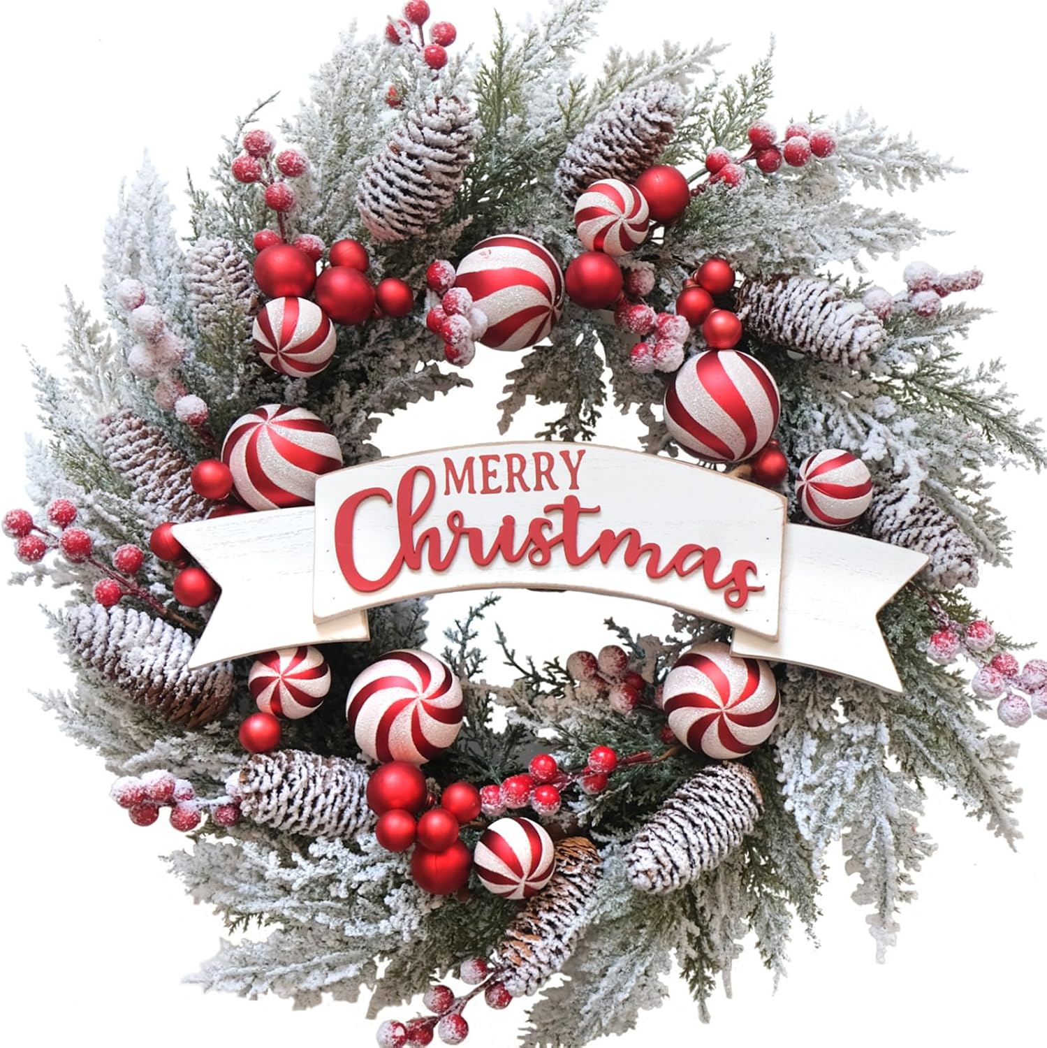 24 Inch Artificial Christmas Wreath for Front Door with Balls Berries Frost Pine Needles Pine Cones Christmas Decorations for Indoor Outdoor Wall Window Home Holiday Xmas Decor