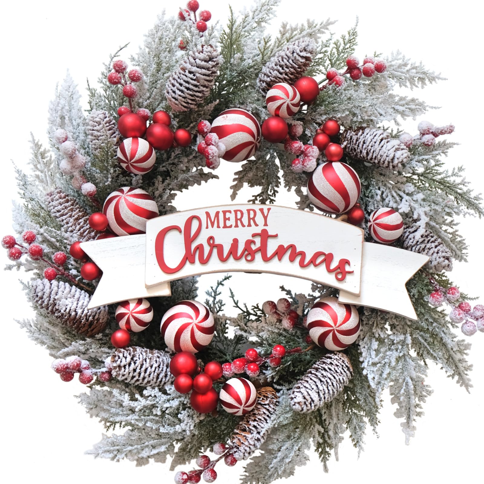 Corona de Navidad artificial de 24 pulgadas para puerta delantera con bolas, bayas, agujas de pino, conos de pino, decoraciones de Navidad para interiores y exteriores, ventana, hogar,