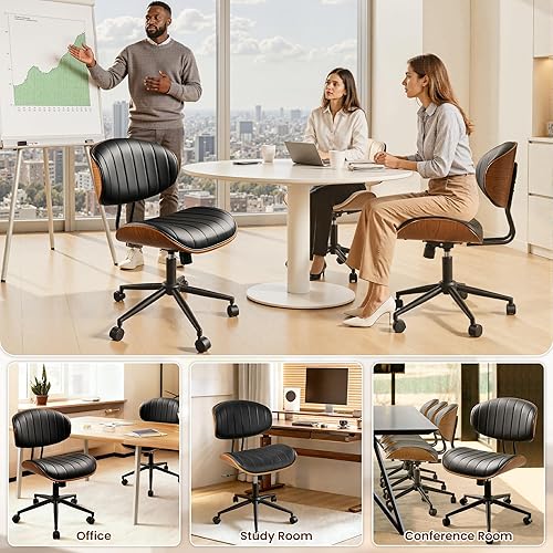 Miniatura 7 de ovios Silla de oficina en casa con ruedas, moderna silla giratoria de piel sintética para escritorio, respaldo medio, altura ajustable, sillas de