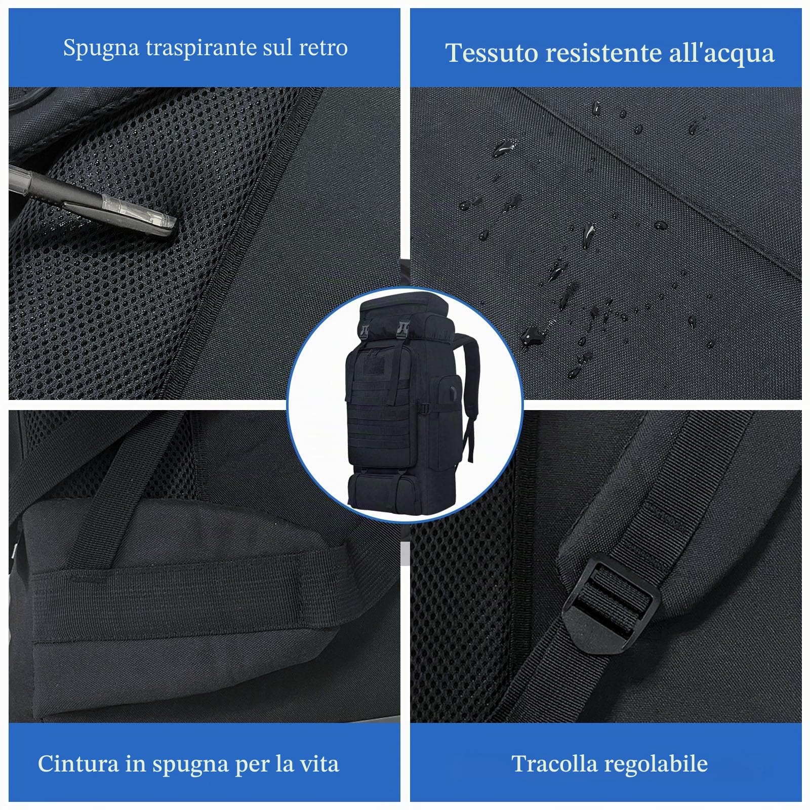 80L campeggio Trekking zaino, Zaino tattico militare, grande zaino da trekking, resistente all'acqua Trekking zainetto, borse sportive regolabili (nero)