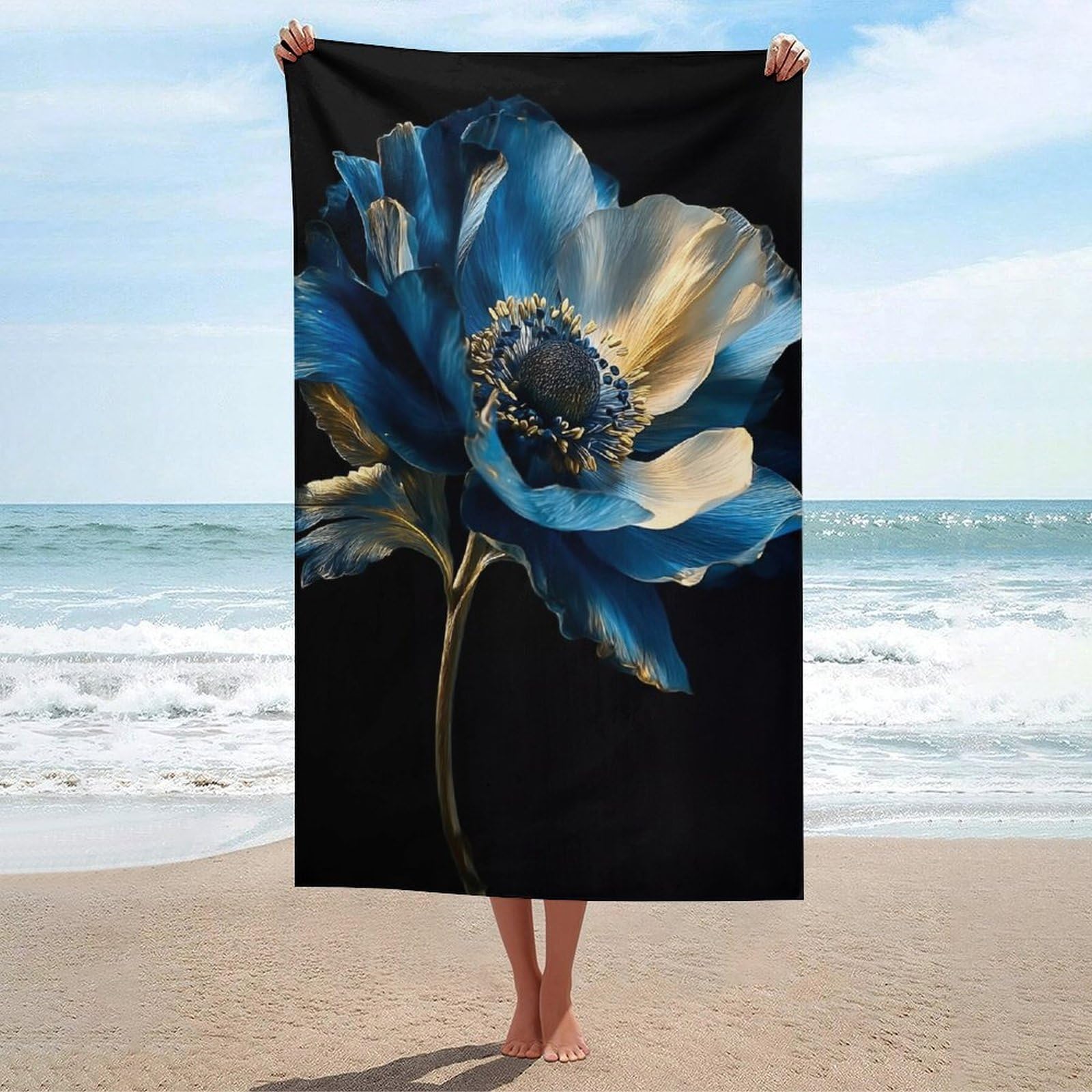 asbwuo Blue and Gold Flower with Petals Beach Towel
