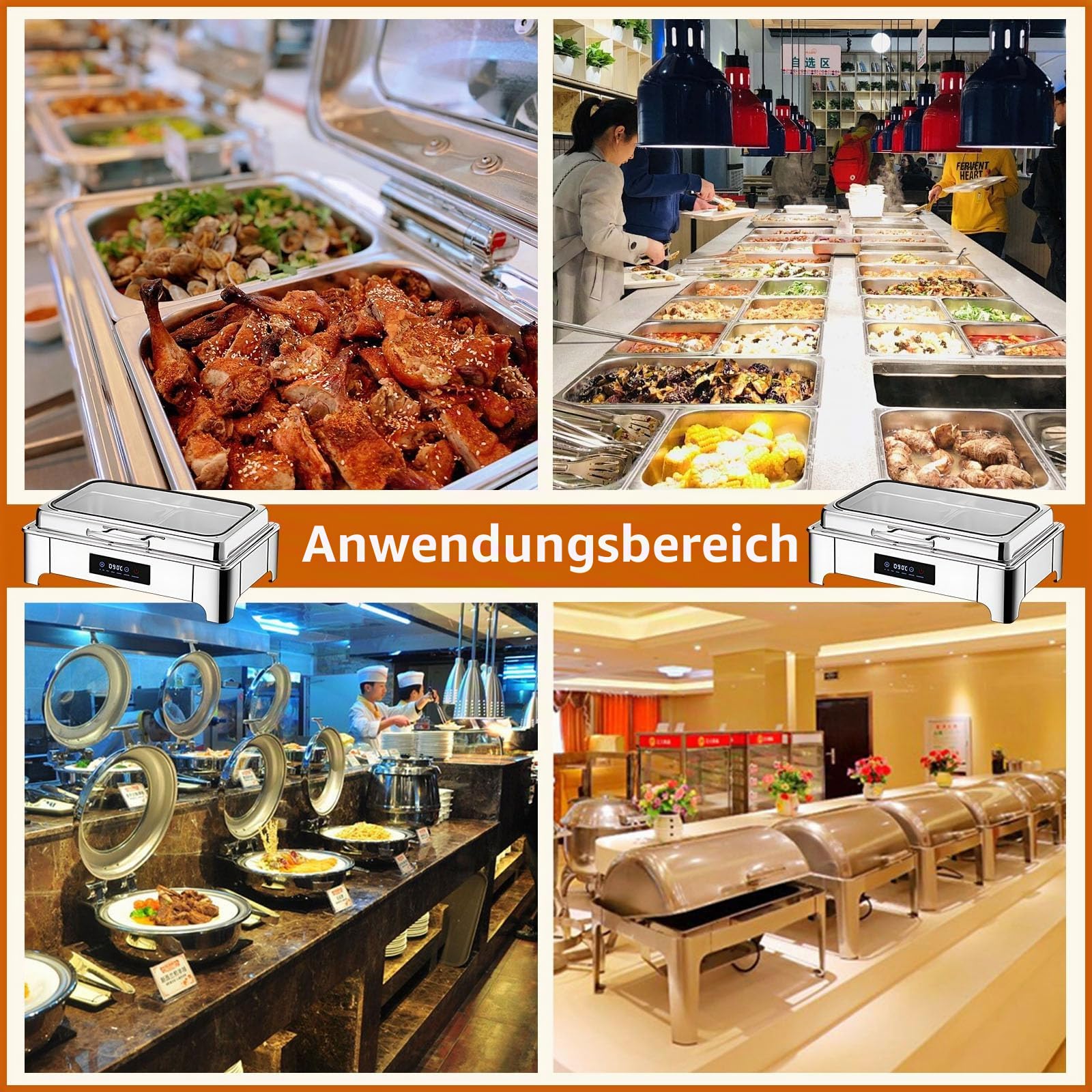 Chafing Dish Elektrisch 9L, Edelstahl (B, 1/2 Pan) | Elektrische Warmhaltebehälter Einstellbare Temperatur, Rechteckiger Chafing Dish Set Speisenwärmer mit Sichtbarem Glasdeckel