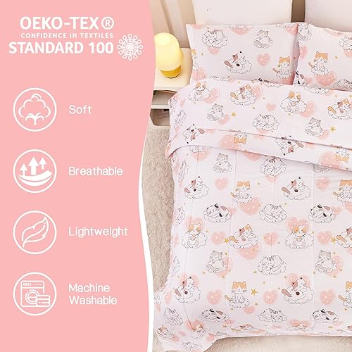 Miniatura 2 de Yibeizi Juego de edredón de gato para niñas tamaño individual, bonito juego de ropa de cama acolchado con estampado de corazón rosa con funda de