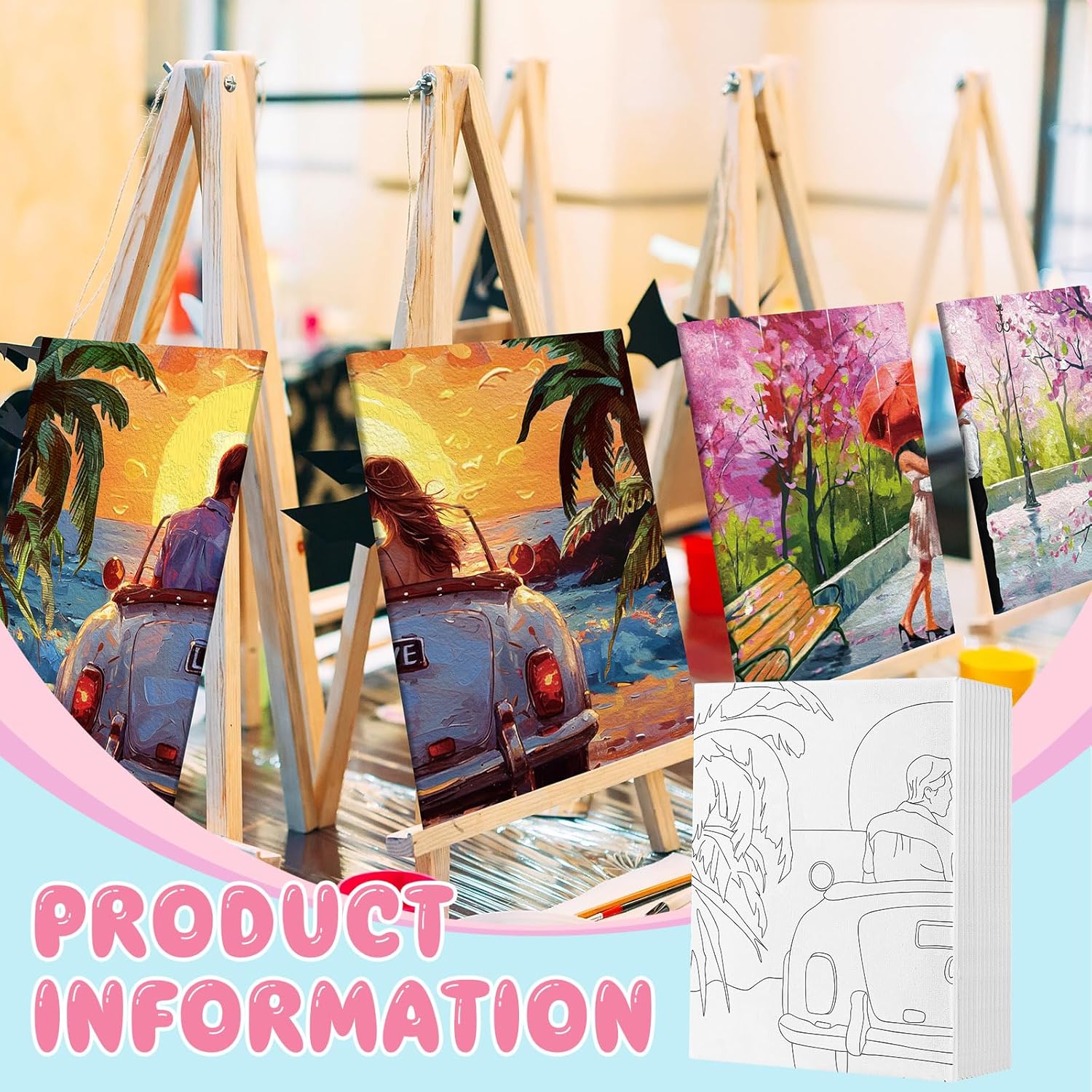 Fullhawl 12 Sets Sip and Paint Kit Date Night Pre Drawn Canvas Painting Set Pre Drawn Stretch Canvas Kit for Couples Adults(Love)