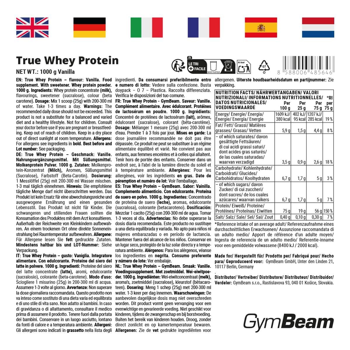True Whey Protein Pulver (WPC Eiweißpulver) – schonend filtriert, bis zu 23 g Eiweiß für den Muskelaufbau, hohe biologische Wertigkeit, Aminosäuren – GymBeam (1000 g, Vanille)