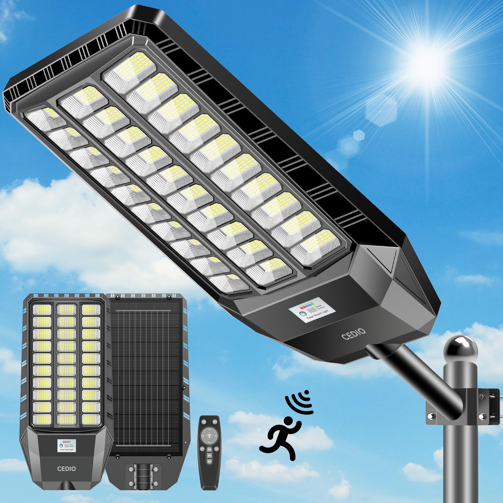 CEDIO Outdoor Solar Street Lights, Solar Lights IP66 Waterproof LED Street Light Dusk to Dawn, Flood Light with Motion Sensor for Yard (8500W-1PACK) ( Similar to one in stock)