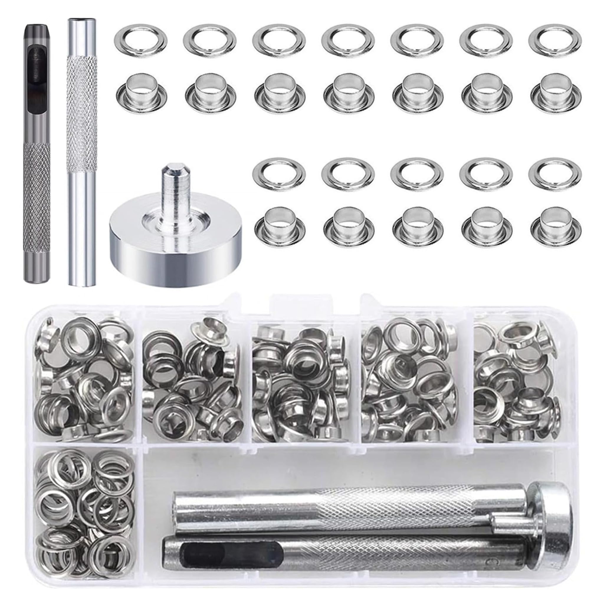 100 Sets Alicates Ojales 4mm, Ojales Metal con Herramienta Estampado, Compatible con Lona, Cubiertas Zapatos, Cortinas de Tela/Cuero (Remaches), Ideal para Bricolaje