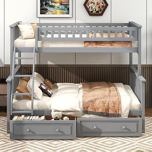 Miniatura 162 de Litera individual sobre matrimonial con cajones, escalera deslizante y almacenamiento, litera de madera con barandilla alta y escalera para niños,