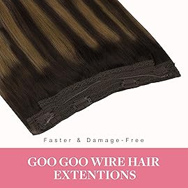 GOO GOO Wire Hair Extensions Human Hair, 2/6/2 Dark Brown with Chestnut Brown Balayage 18inch 95g, Invisible Wire Hair Extensions with Transparent, Seamless Fish Line Hairpiece