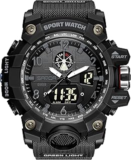 Military Style Digital Analog Watch, Large Face 2.2", 50m Water Resistant, Dual Time Zone, Alarm, LED Backlight, Stopwatch, PU Strap