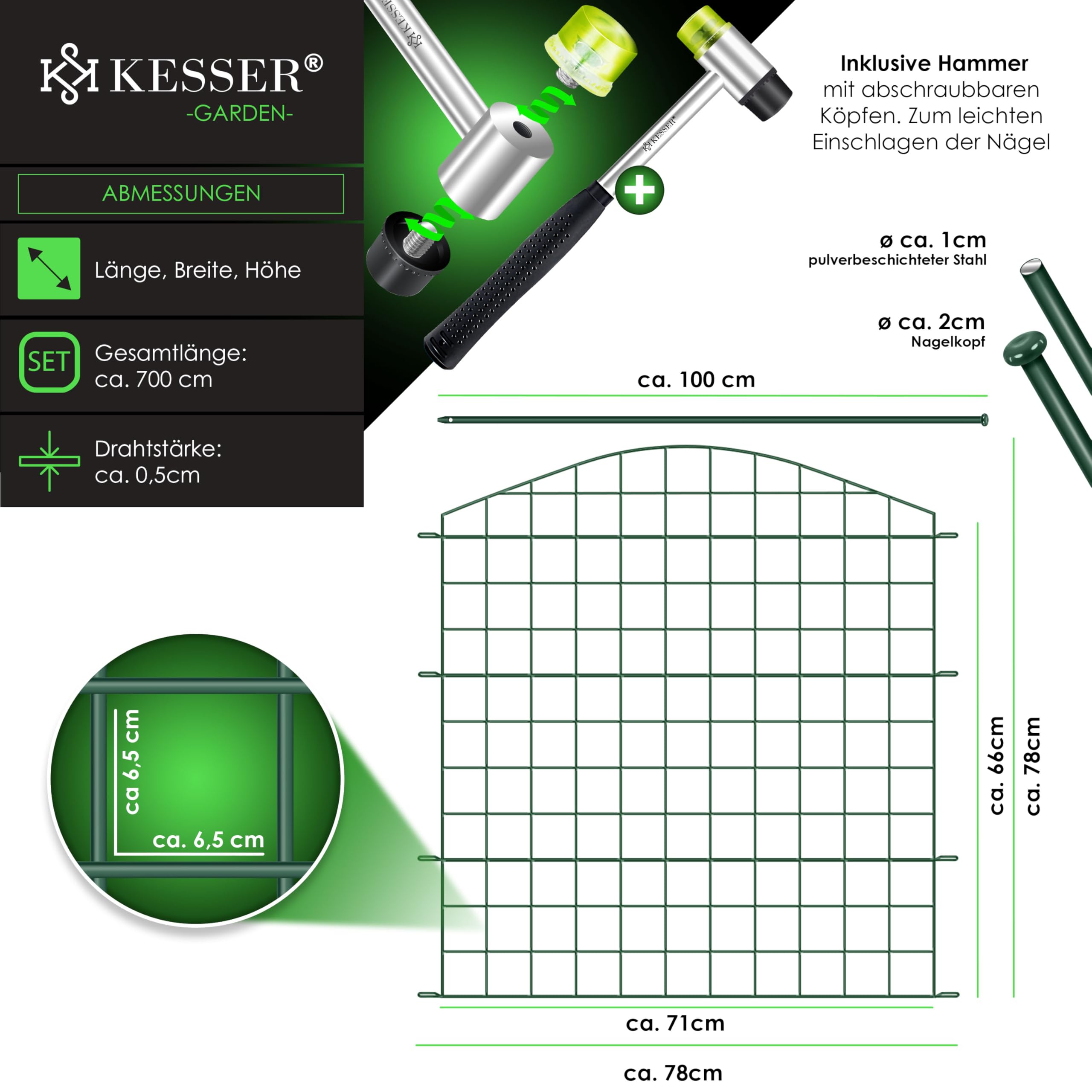 KESSER® Valla para estanque, valla de jardín, juego completo de vallas de metal, incluye martillo + varillas de fijación, valla para colocar en el jardín, Arco superior en punta - Set de 10