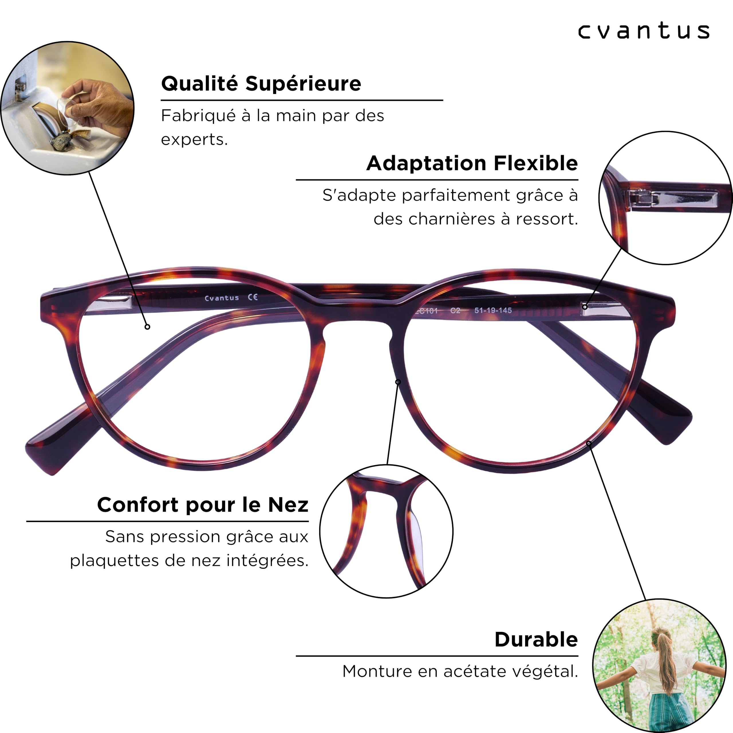 Cvantus Lunettes ordinateur Premium | Anti-lumière bleue & UV, Anti-reflets, Antistatique | Qualité Ordonnance - Faites par opticiens | Lunette anti lumiere bleue femme & homme rondes tortoiseshell