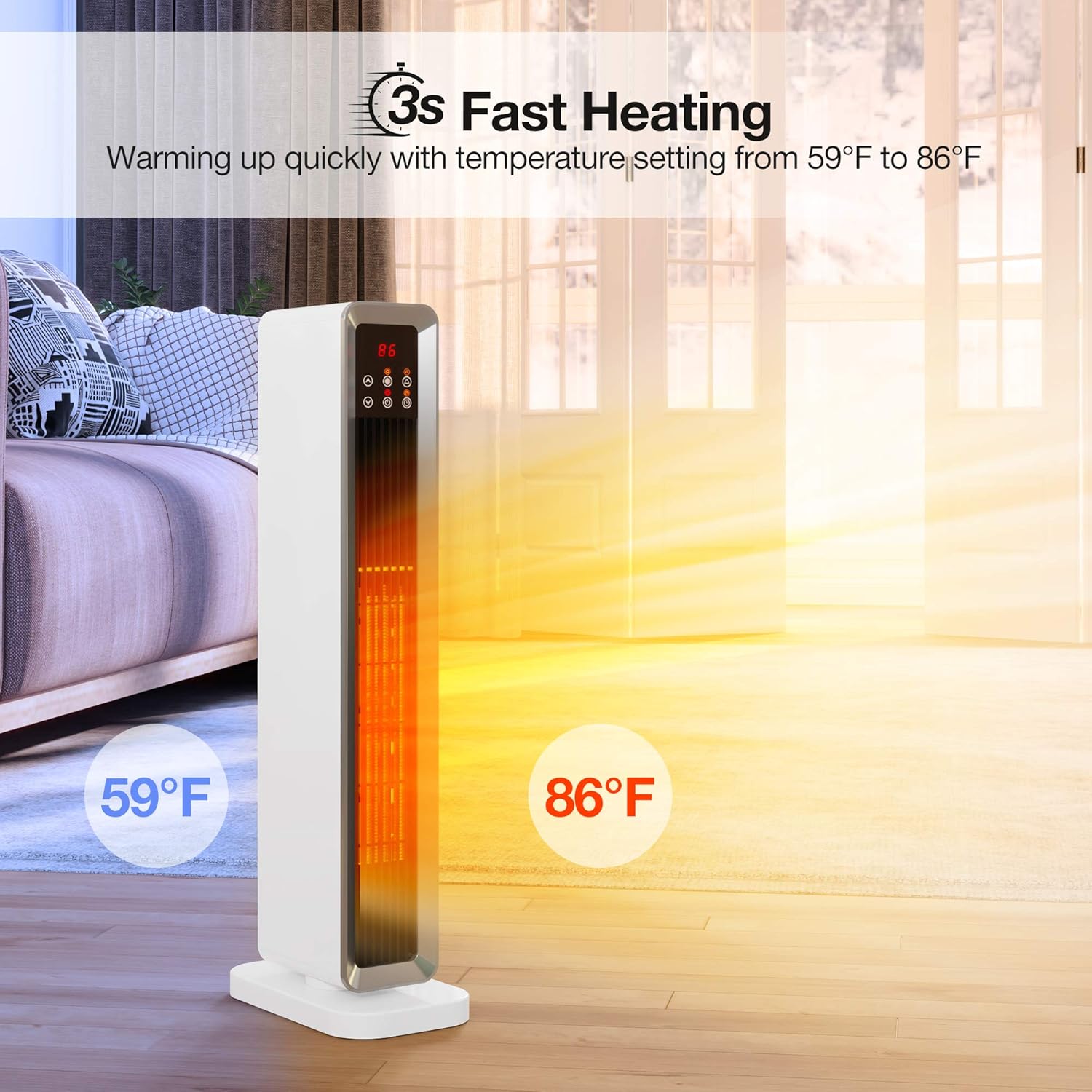 TRUSTECH KPT-91H heater displaying fast heating capability with temperature settings ranging from 59°F to 86°F.