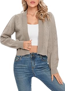 Women's Puff Long Sleeve Lightweight Cardigan Sweater Tops Dot Hollow Ribbed Knit Soft Short Open Front Cardigan