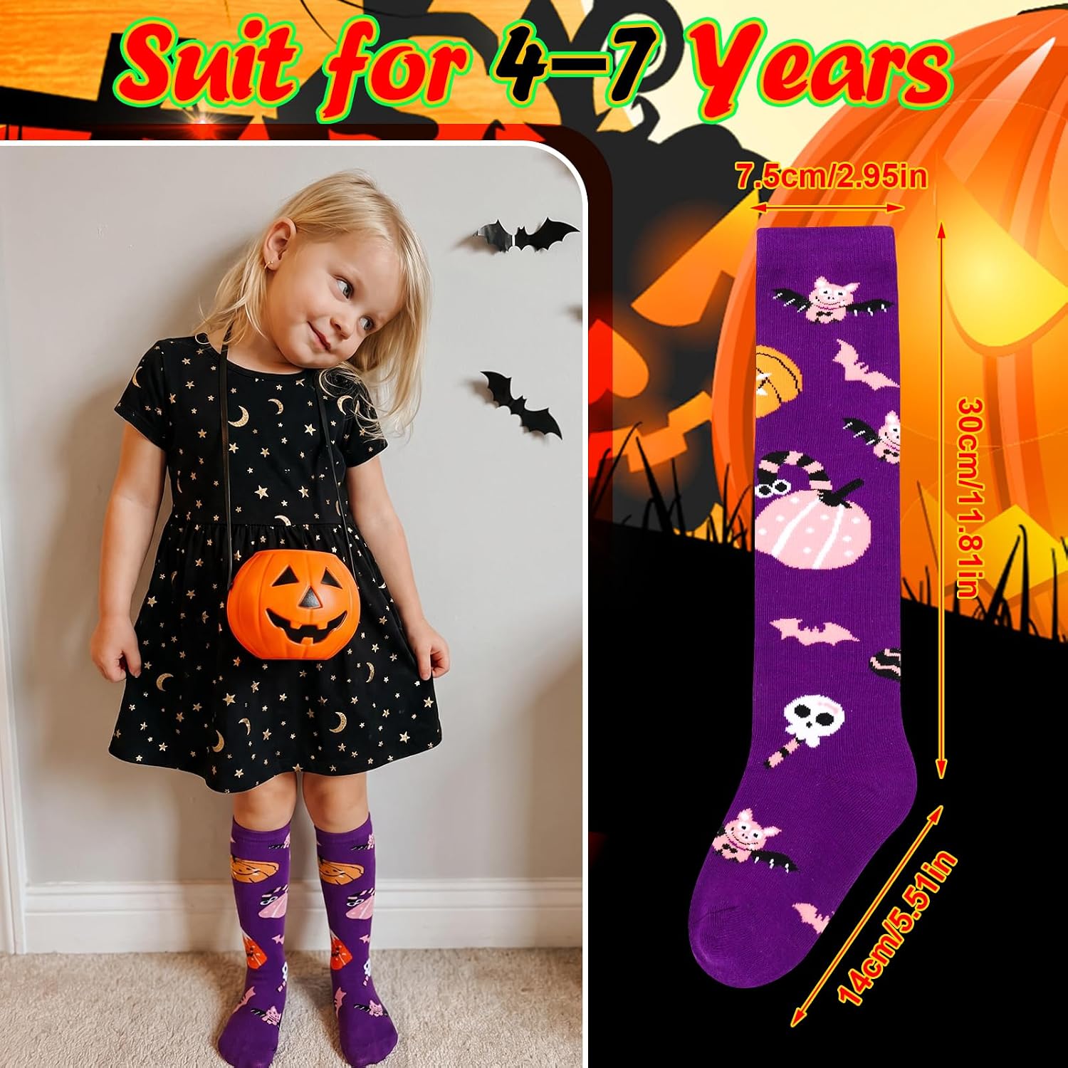 6 Pairs Girls Cute Halloween Knee High Socks Crazy Long Socks