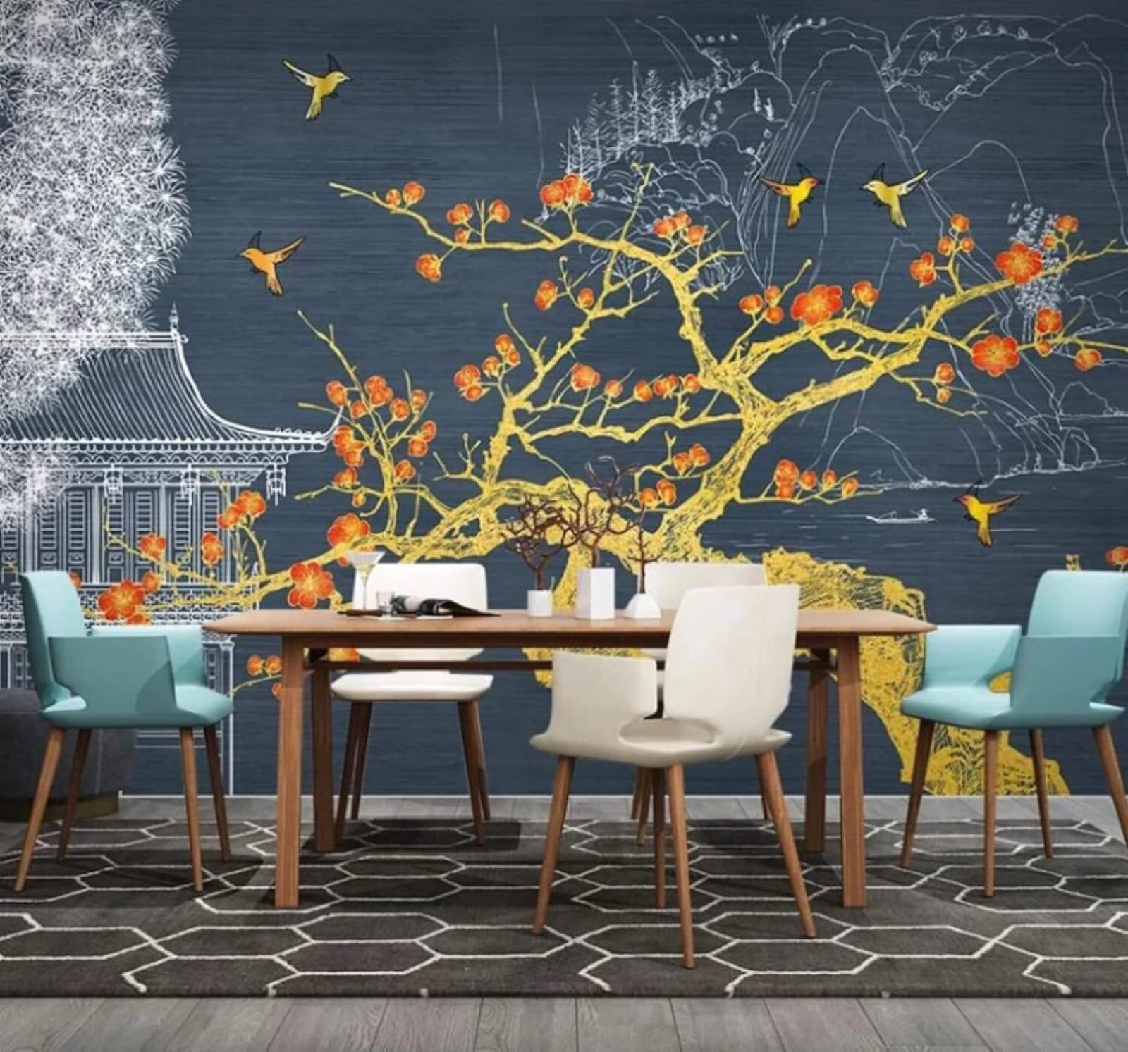 Mural decorativo de líneas doradas de lujo y paisajes en relieve visual para paredes de salón