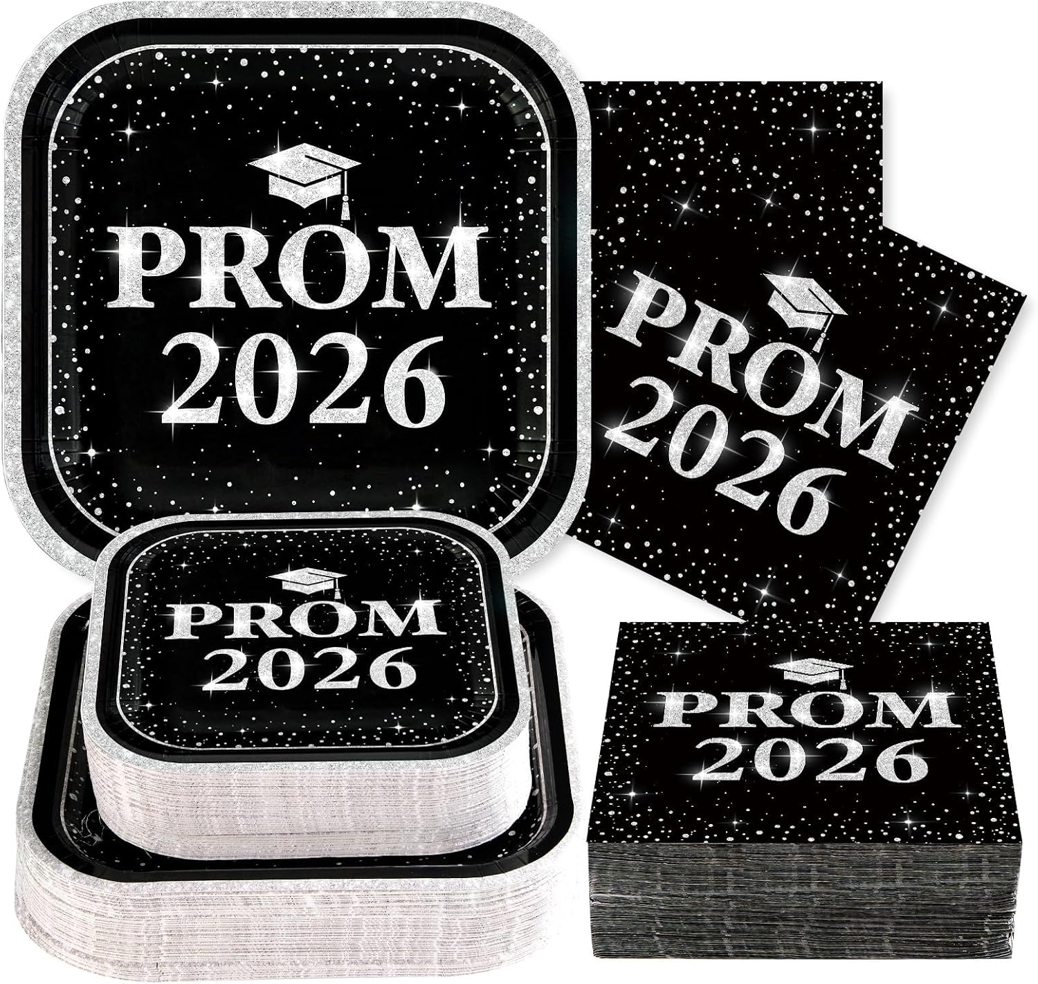 200 Pcs 2026 Prom Graduation Party Supplies Black and Silver Prom Plates and Napkins Prom Send Off Decorations 2026 Tableware Sets for Class of 2026 Prom Congrats Grad Party Decorations Serves 50