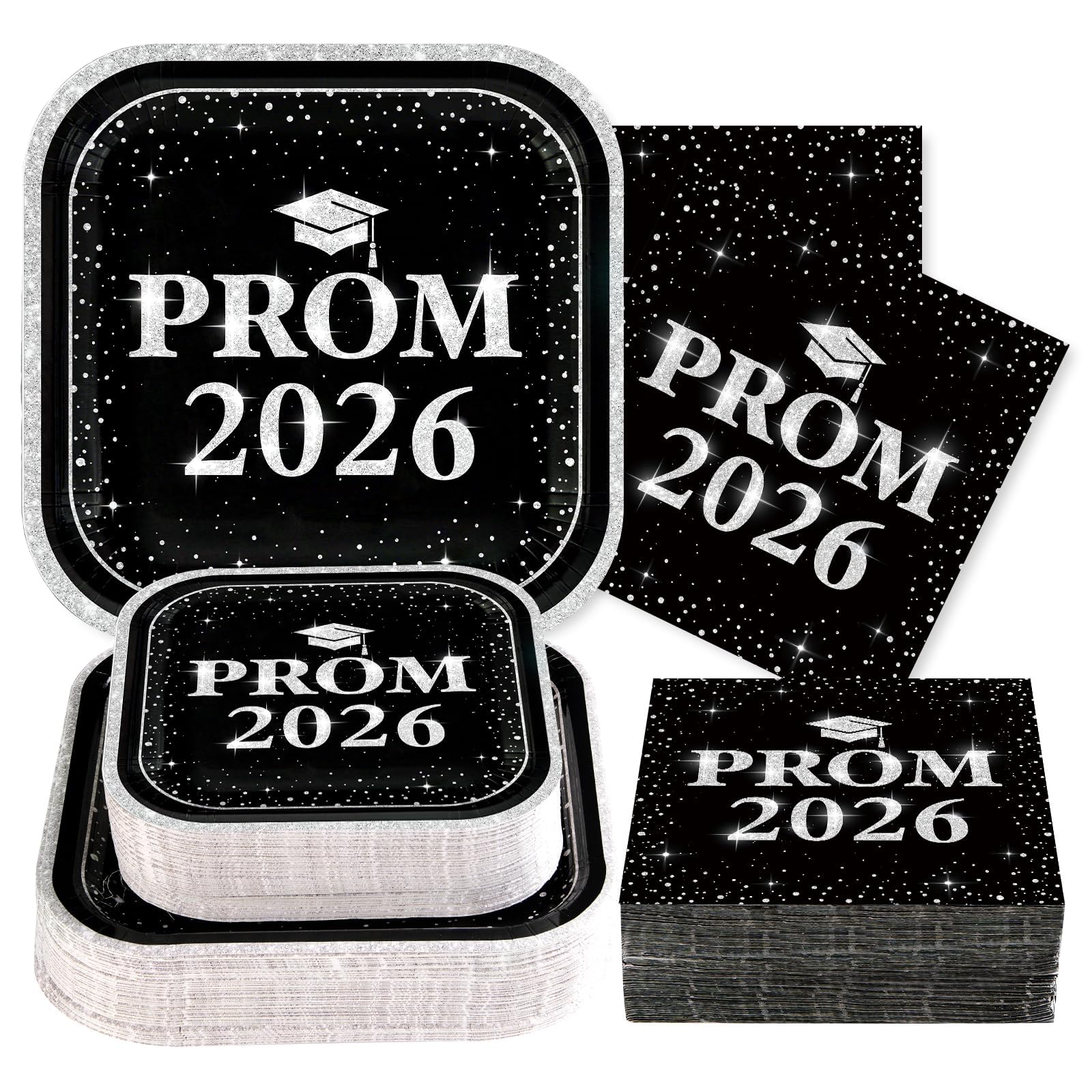 200 Pcs 2026 Prom Graduation Party Supplies Black and Silver Prom Plates and Napkins Prom Send Off Decorations 2026 Tableware Sets for Class of 2026 Prom Congrats Grad Party Decorations Serves 50