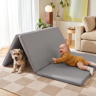 Mallify Foldable Baby Play Mat, 50''x50'' Waterproof Thick Foam Vegan Leather Playpen Mat for Infants and Toddlers, Portable Baby Mat for Floor, Grey