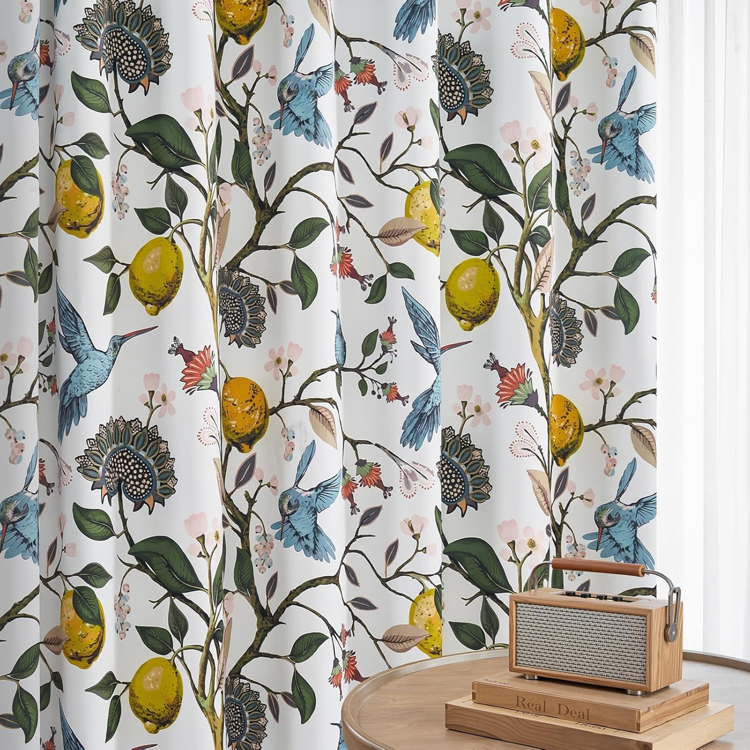 Blue White Vintage Floral Curtains 84 Inches Long for Living Room Bedroom Luxury Whimsical Lemon Hummingbird Patterned Waverly Mid Century Colorful Pinch Pleated Blackout Drapes 2 Panels