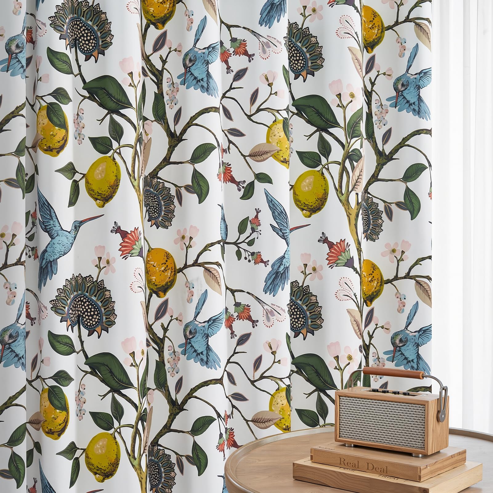 Blue White Vintage Floral Curtains 84 Inches Long for Living Room Bedroom Luxury Whimsical Lemon Hummingbird Patterned Waverly Mid Century Colorful Pinch Pleated Blackout Drapes 2 Panels