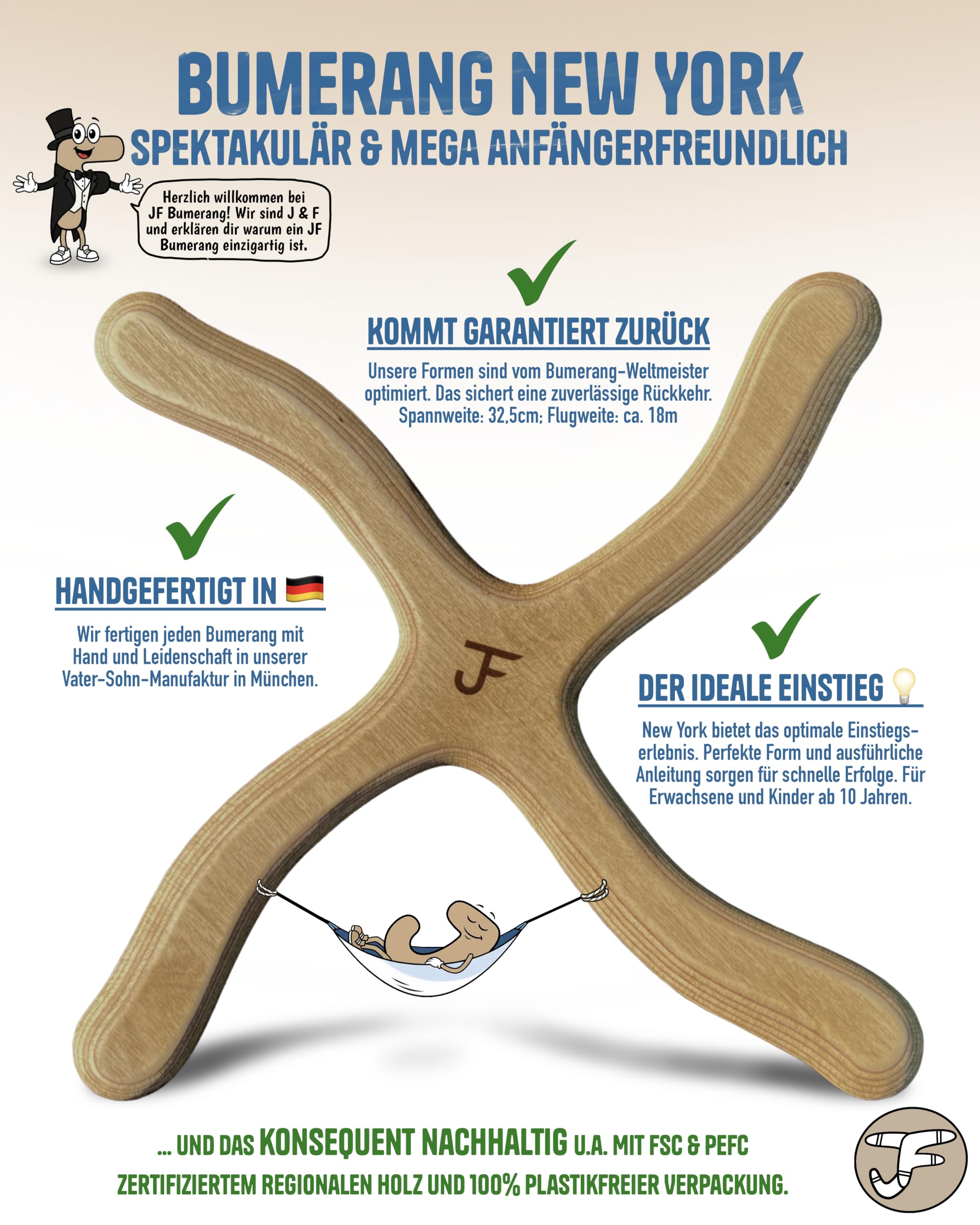 Bumerang New York | Anfänger | Boomerang ab 10 J. | Handgefertigt in DE | Premium Holz | Form vom Weltmeister | Verf. als Rechts- und Linkshänder