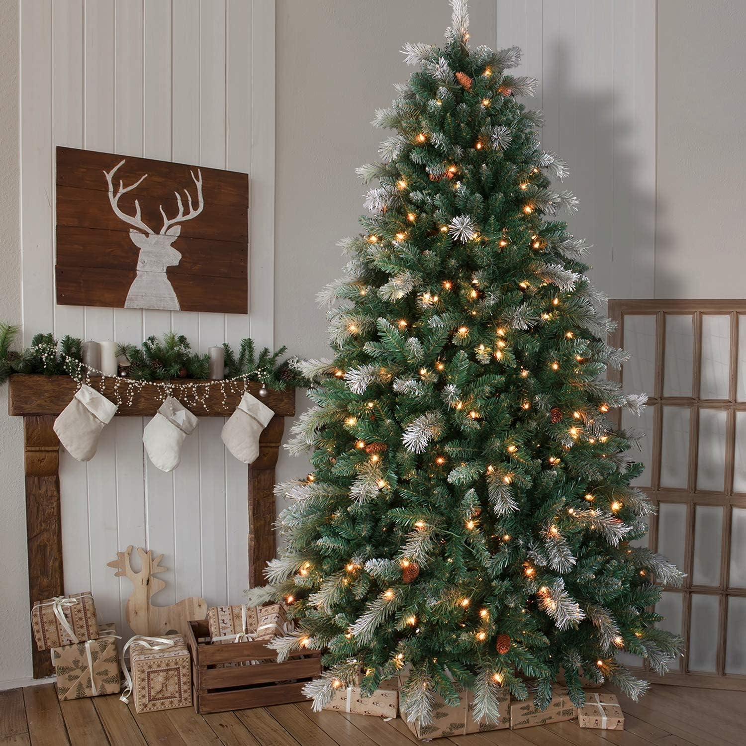 OasisCraft Pre-lit Snowy Aspen Spruce Christmas Tree 7.5 Foot & 500 Light, Flocked Artificial Christmas Tree Real Full with Lights, Pine Cone Decor