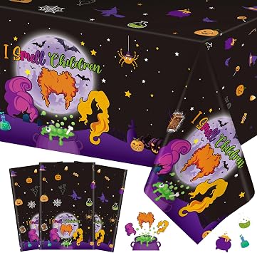3 Pack Halloween Hocus Pocus Tablecloth, I Smell Children Halloween Table Cloth Witch Disposable Rectangular Platstic Table Covers for Helloween Party Decorations Tables Decor Supplies, 108 x 54 Inch