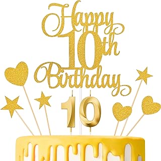10th Birthday Cake Decorations, 10th Birthday Candles Cake Numeral Candles and Glitter Happy 10th Birthday Cake Toppers Set for Birthday Party Supplies (Gold)