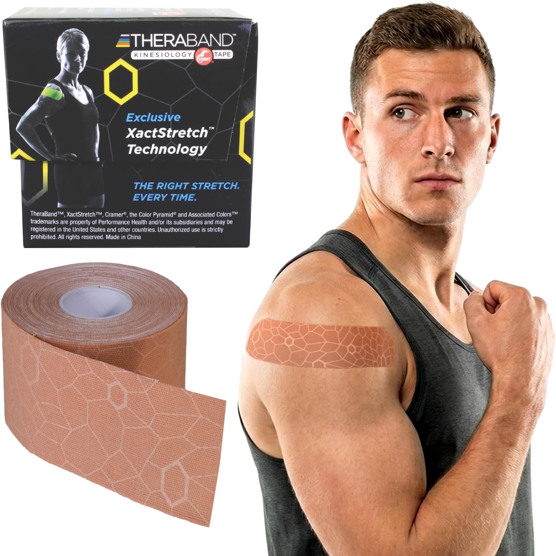 TheraBand Kinesiology Tape, Waterproof Physio Tape for Pain Relief, Muscle & Joint Support, Standard Roll with XactStretch Application Indicators, 2 Inch x 16.4 Foot Roll, Beige/Beige