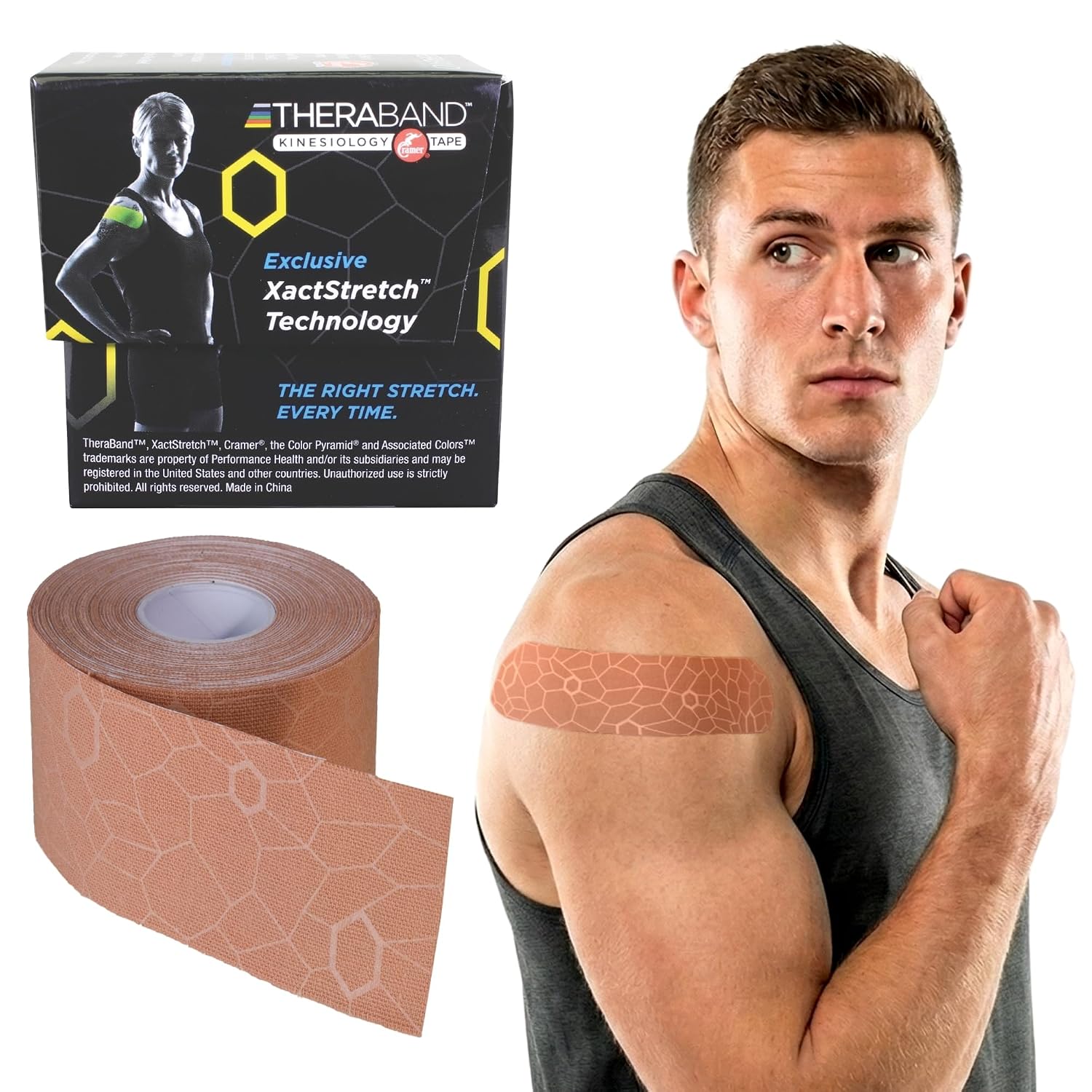 THERABAND Kinesiology Tape, Waterproof Physio Tape for Muscle & Joint Support, Standard Roll with XactStretch Application Indicators, 2 Inch x 16.4 Foot Roll, Beige/Beige