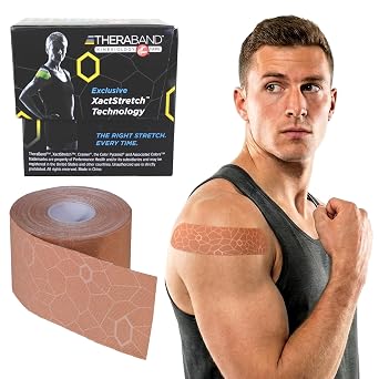 THERABAND Kinesiology Tape, Waterproof Physio Tape for Muscle & Joint Support, Standard Roll with XactStretch Application Indicators, 2 Inch x 16.4 Foot Roll, Beige/Beige